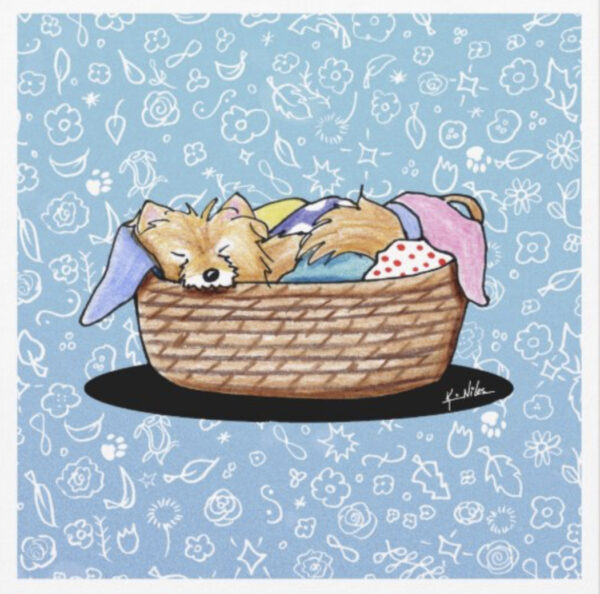 Artwork of Pomeranian dog sleeping in a laundry basket of clothes, by Artist, Kim Niles