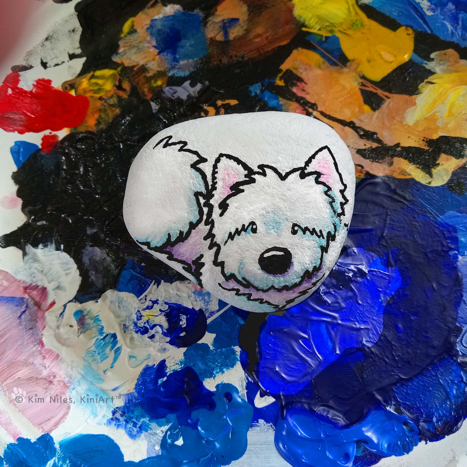 KiniArt Westie Terrier dog painted beach rock.