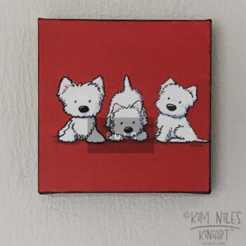 Original canvas painting of 3 white westies on a red background.