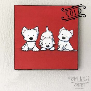 Original canvas painting of 3 white westies on a red background.