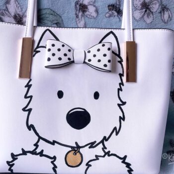 OOAK Hand painted Westie on a black and white Hand Bag featuring a 3D bow on front of bag to look like it’s at worn by the Westie painting