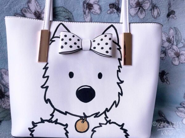 OOAK Hand painted Westie on a black and white Hand Bag featuring a 3D bow on front of bag to look like it’s at worn by the Westie painting
