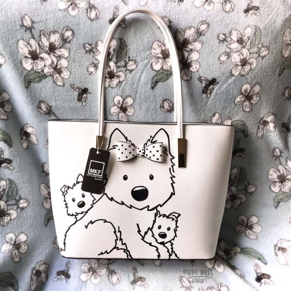 OOAK Hand painted Westies on a black and white Tote size purse featuring a 3D bow on front of bag to look like it’s at worn by the mother-Westie with two Westie puppies painted on either side of her