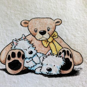 Original Art Drawing 2 westies sleeping on a giant teddy bear.